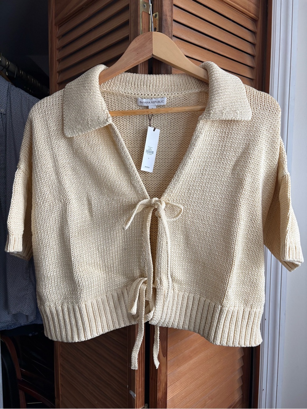 Banana Republic Cream Tie-Front Collared Knit Top
